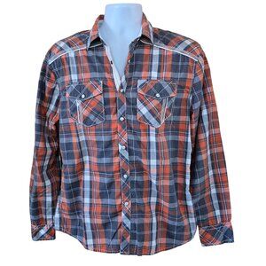 Mens BKE Western Plaid pearl Snap Button Shirt L farm wear  barn horses